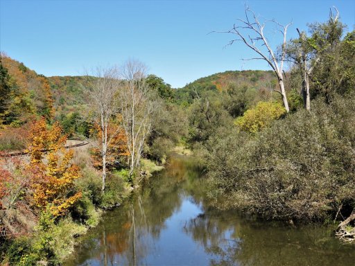 Ischua Creek, seen looking upstream from the crossing of Farwell Road. By the time the stream reaches this point, you have as much chance of catching northern pike or bass as you do trout. In addition to fishing, this is also a popular section for paddling, which you can do all the way to the Allegheny River.  
