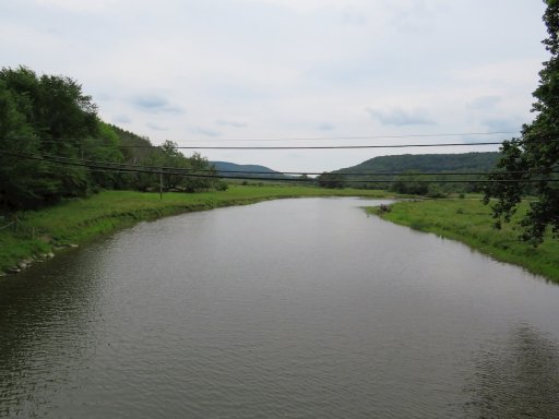 The angler in the previous photo was standing just upstream of where the stream bends to the right. Trout can be caught here in the spring because of stocking, but by early summer, northern pike, largemouth bass, smallmouth bass, and carp are as likely to be caught in this slow-moving, silt-laden section of the stream.     