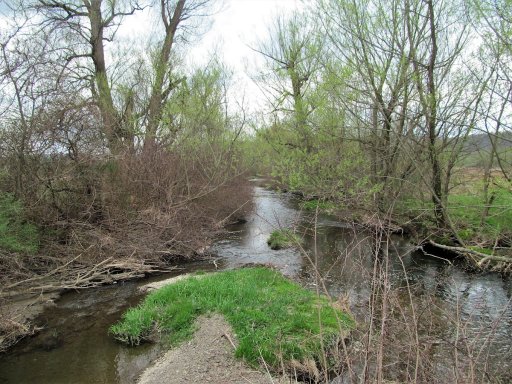 Elm Creek, seen looking downstream from Weeden Road. The water is still clear here, but increasing amounts of silt cause the water to cloud up further downstream.